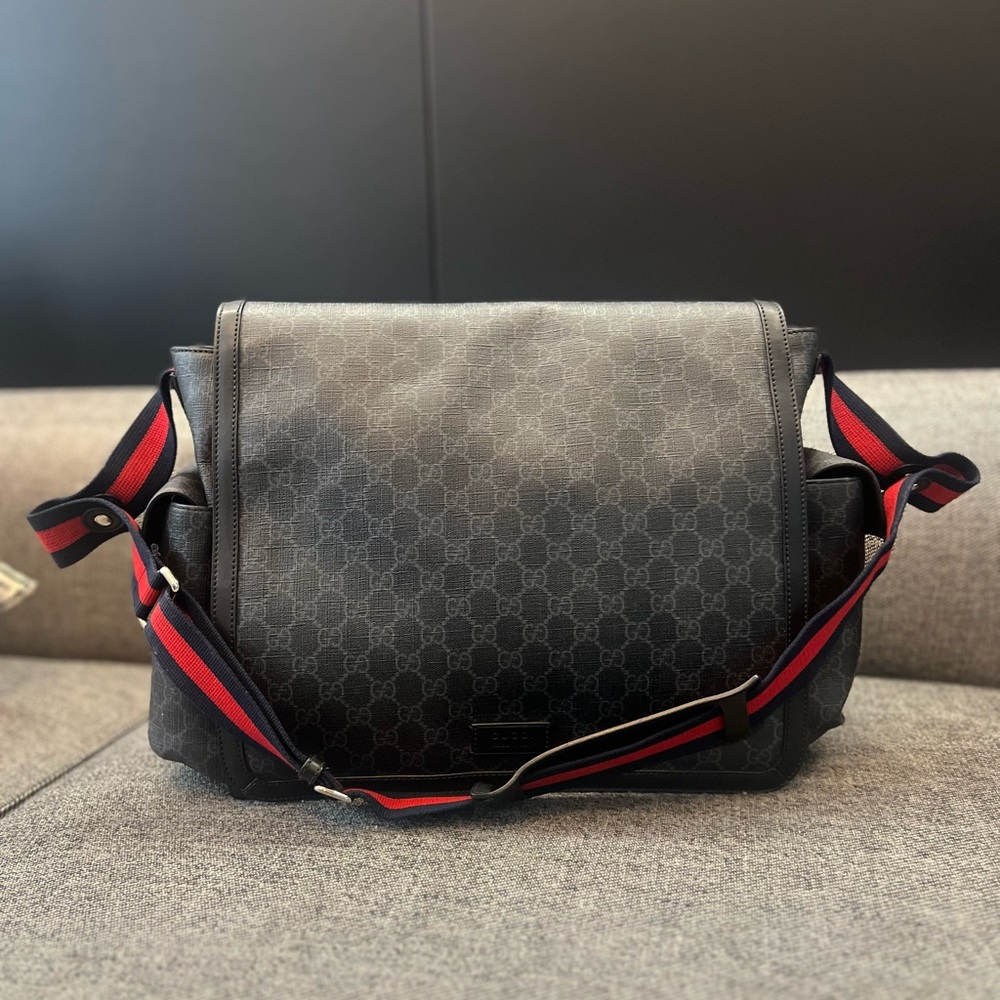 GUCCI, GG Supreme medium diaper bag, black/gray/red